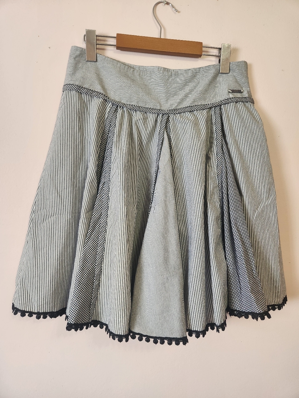 DEPT Mixed Print Gingham Striped Pom Pom Trim Skirt Size S Like New Boho Prep